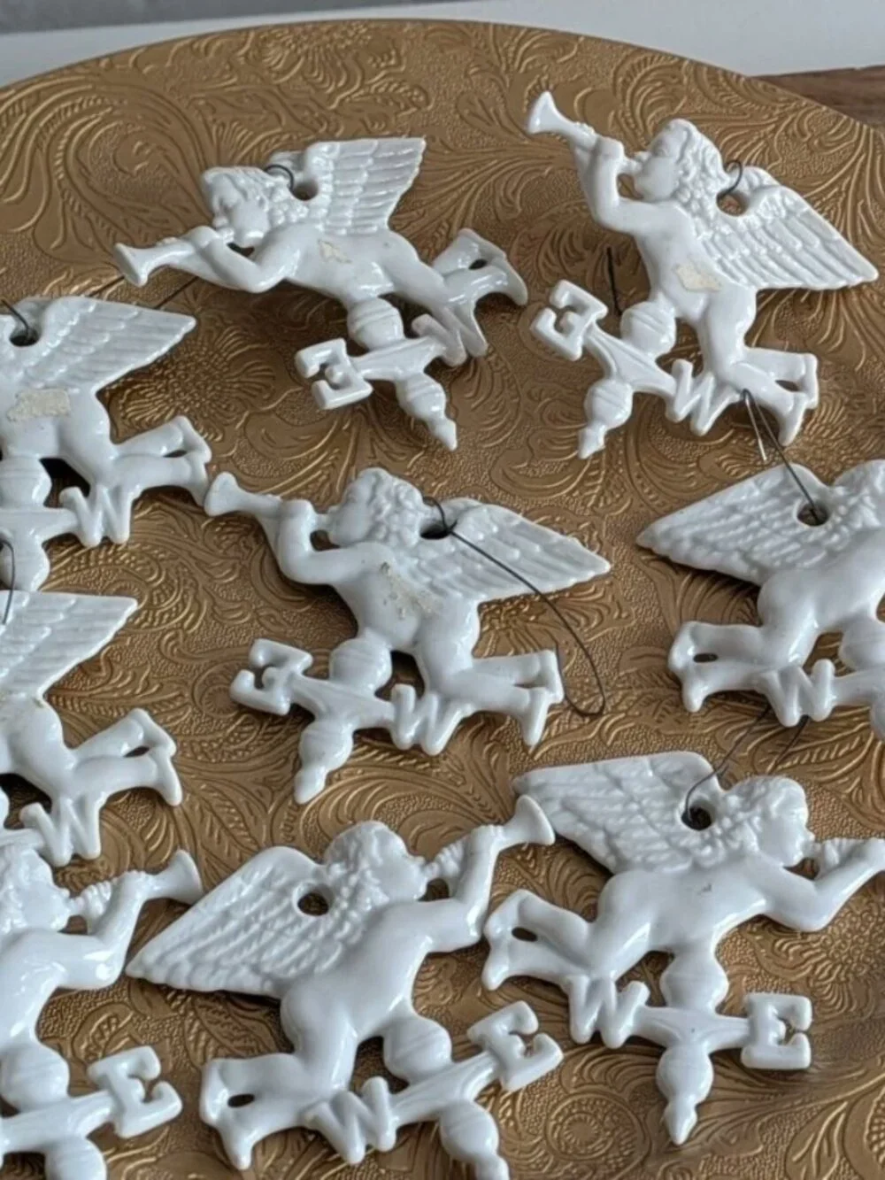 9 Vintage White Bisque Porcelain Cherub Angels Christmas/Wedding Ornaments